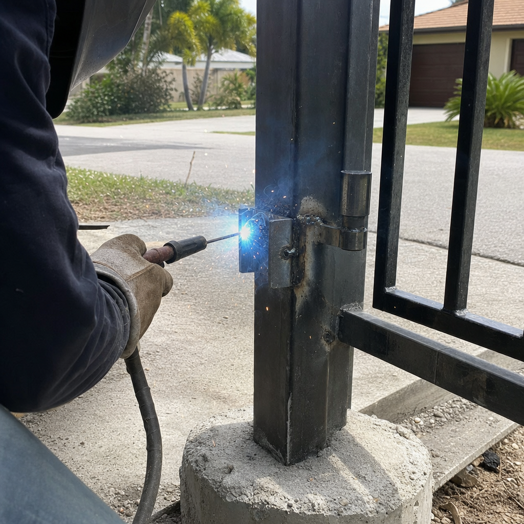 Professional welder performing metal gate repair and hinge installation
