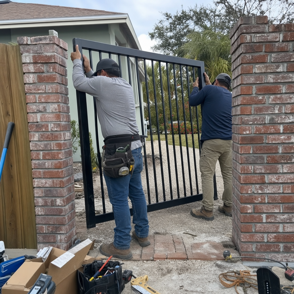 Two professional contractors installing a new black metal gate