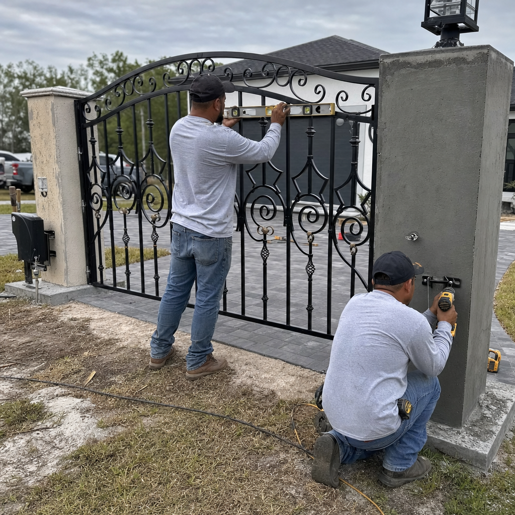 Two professional technicians installing a wrought iron driveway gate.