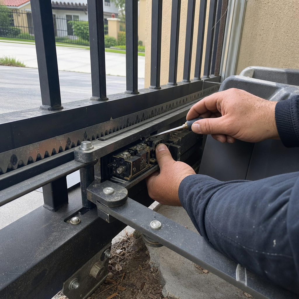 Technician performing professional gate motor and operator repair service