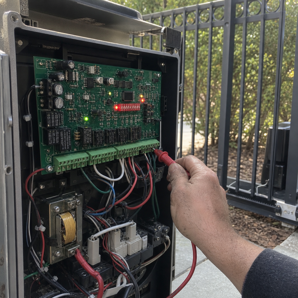 Technician using multimeter for gate motor and opener repair