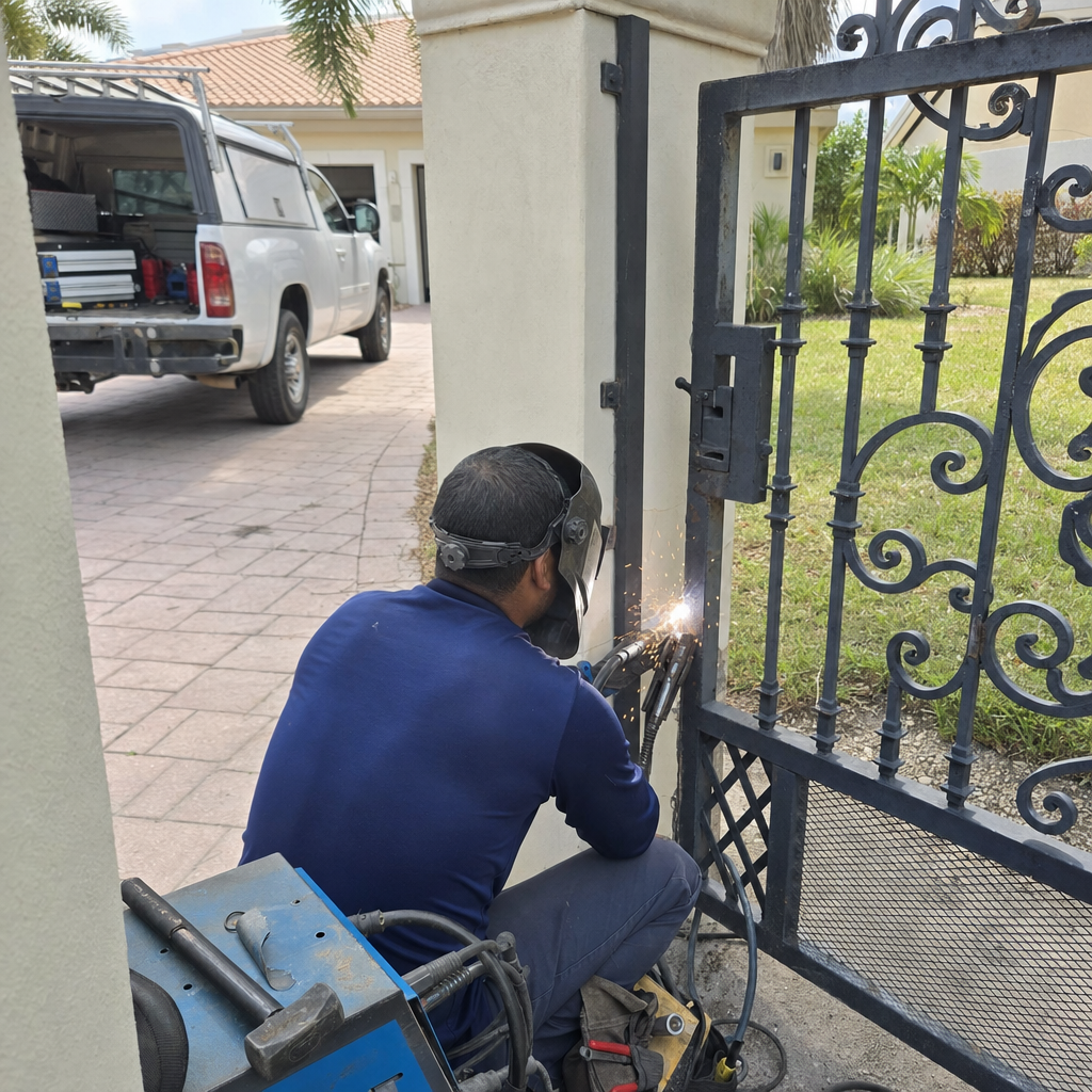 Professional welder performing on-site wrought iron gate repair services