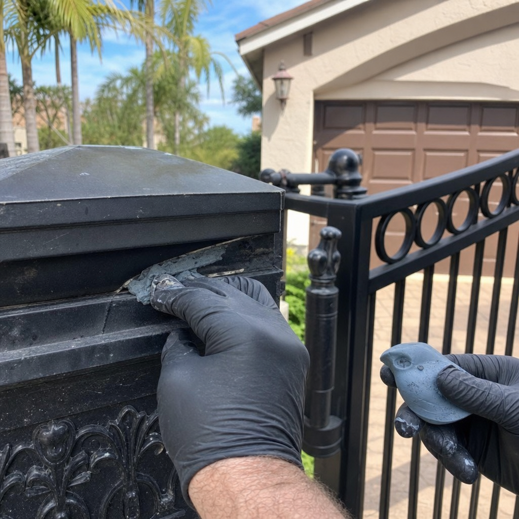 professional repairing a metal gate with epoxy putty