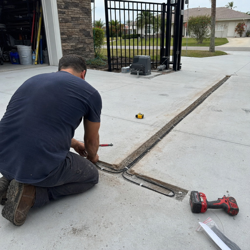 Technician installing wired gate access control system in concrete driveway in Fort Myers, FL