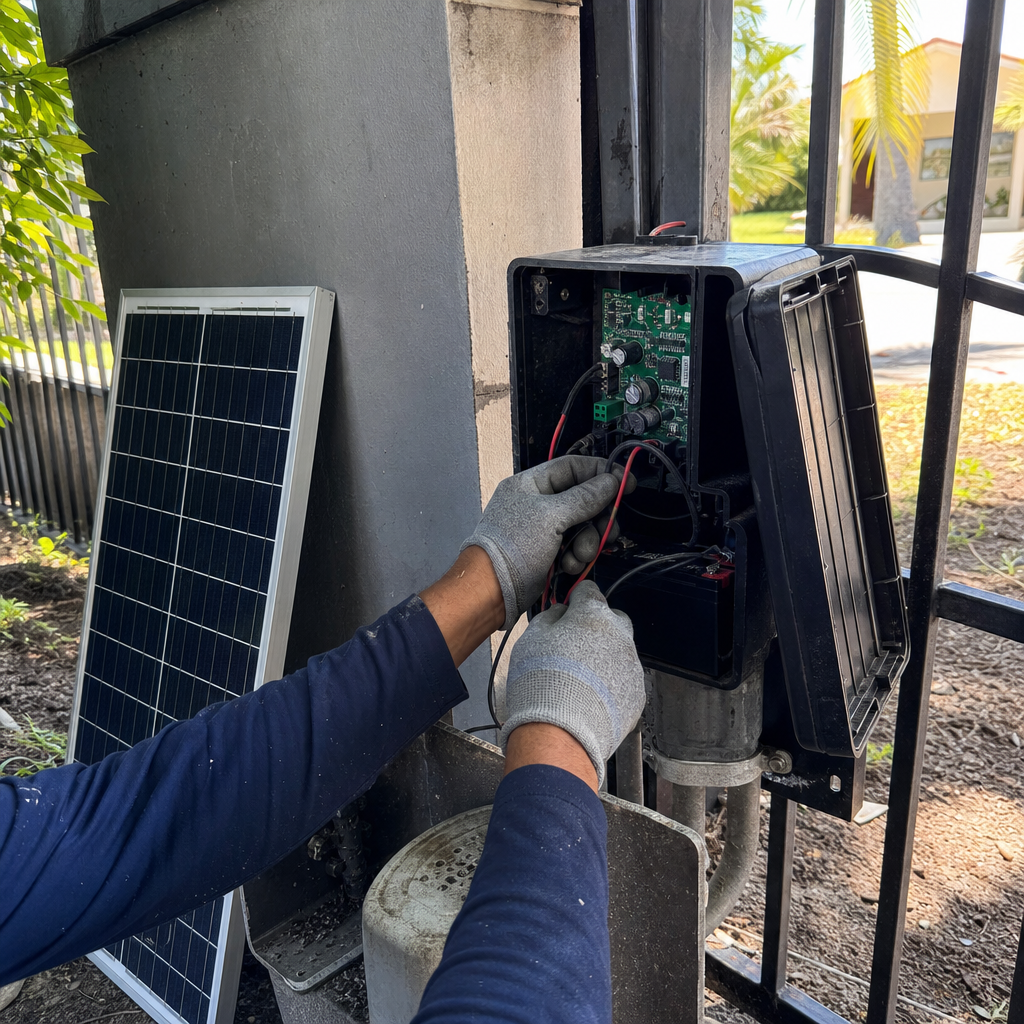 Technician performing maintenance on a solar-powered automatic gate access control unit in Fort Myers, FL
