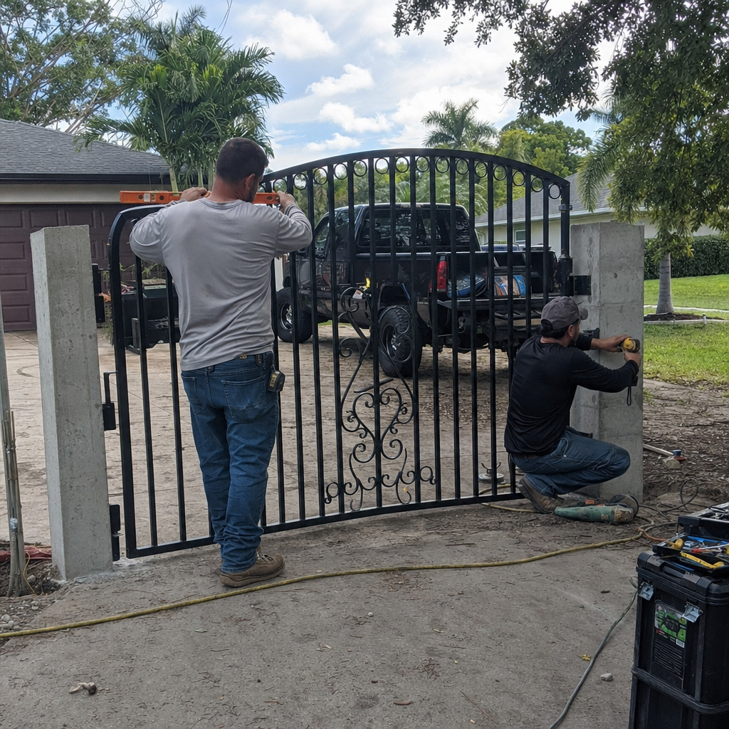 Professional technicians performing custom metal gate installation and repair