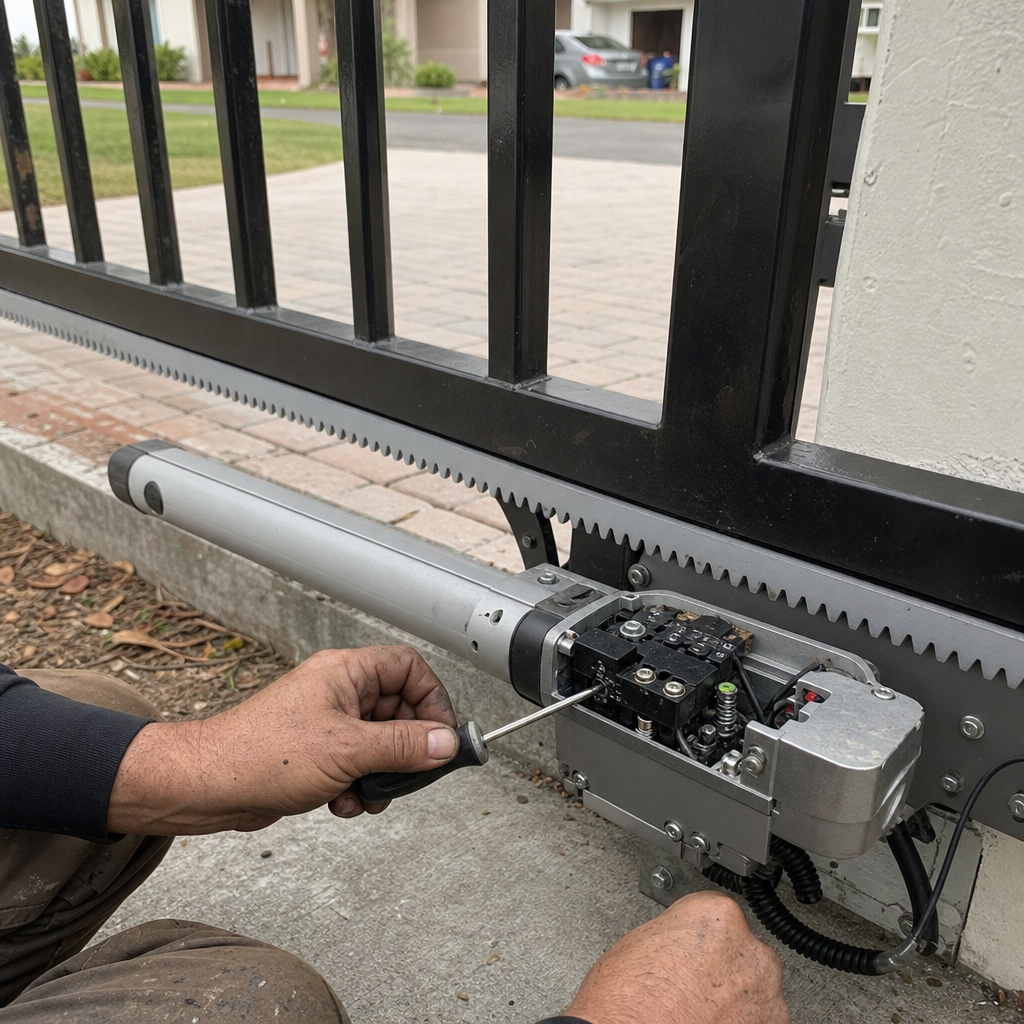 Technician performing professional sliding gate motor repair and maintenance