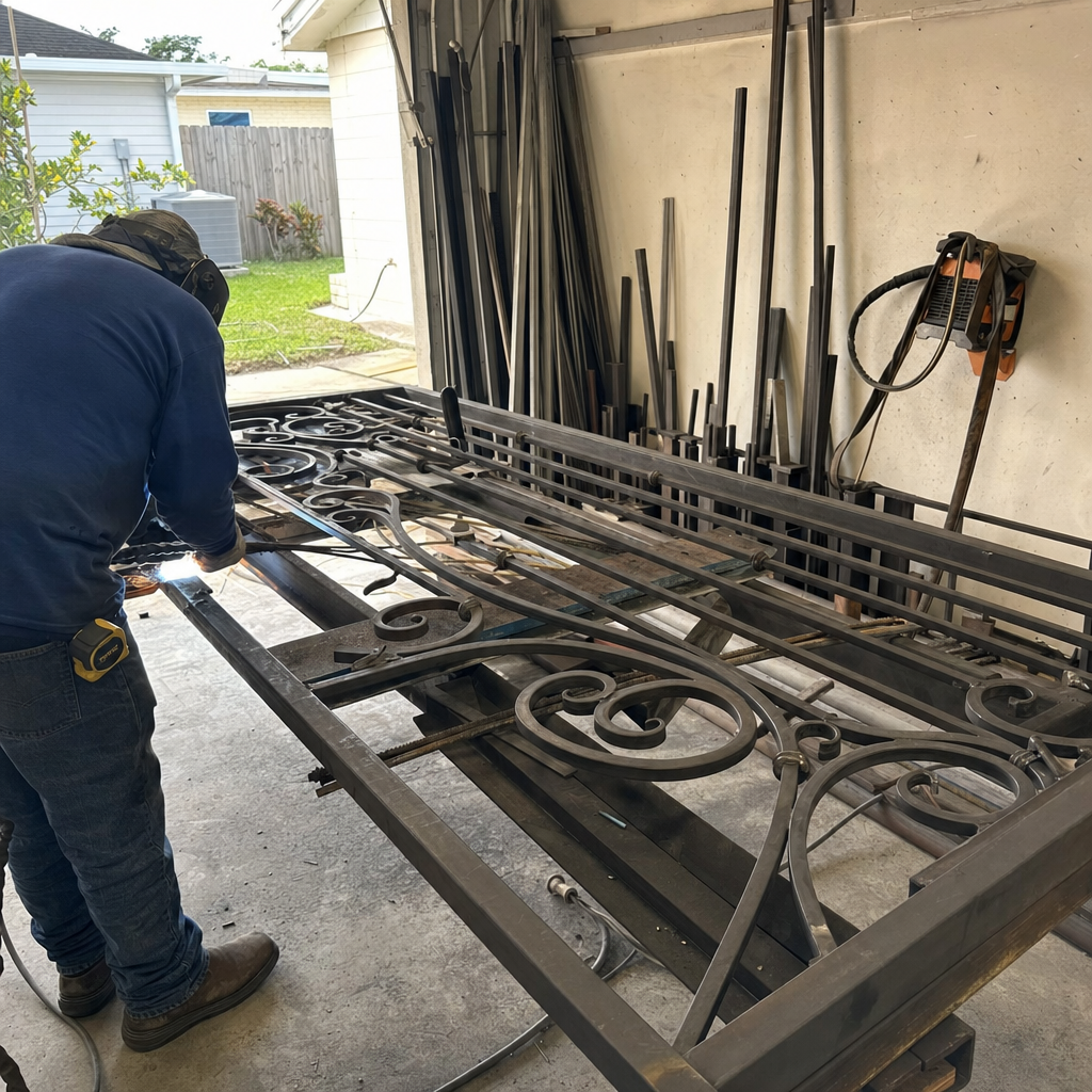 Welder repairing a decorative metal gate in a workshop in Fort Myers, FL