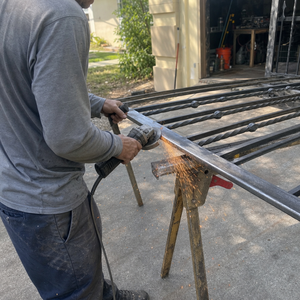 Metalworker using an angle grinder for custom iron gate repairs in Fort Myers, FL
