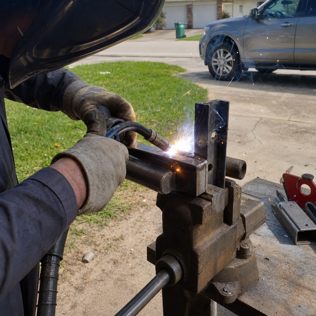 Professional welder performing metal gate parts repair and welding services in Estero, FL