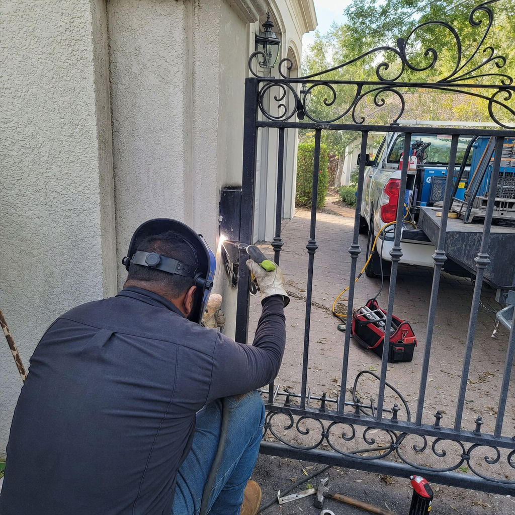 Professional welder performing on-site metal gate repair and maintenance