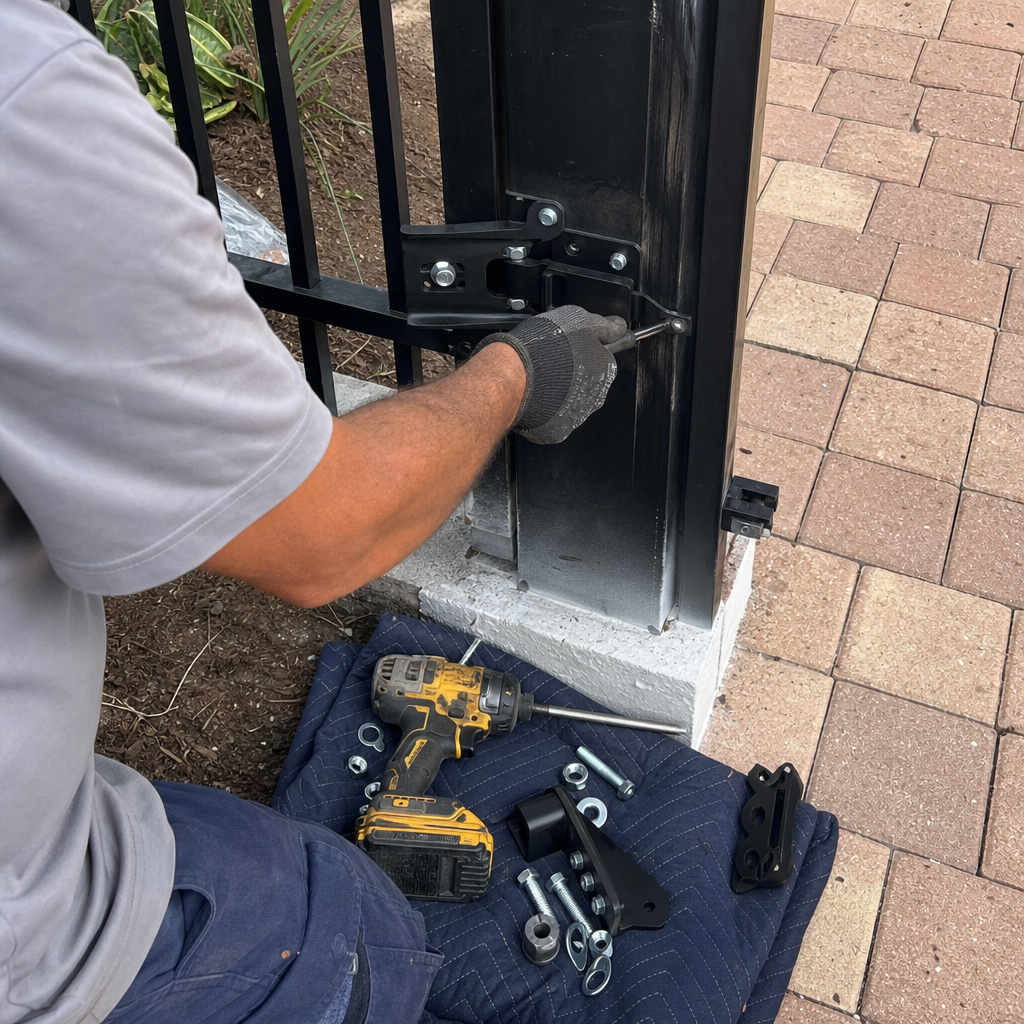 Technician using power drill to repair metal gate hinge